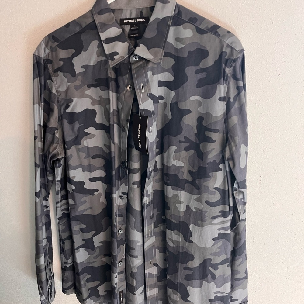 Michael Kors Gray Camouflage Casual Button Down Shirt